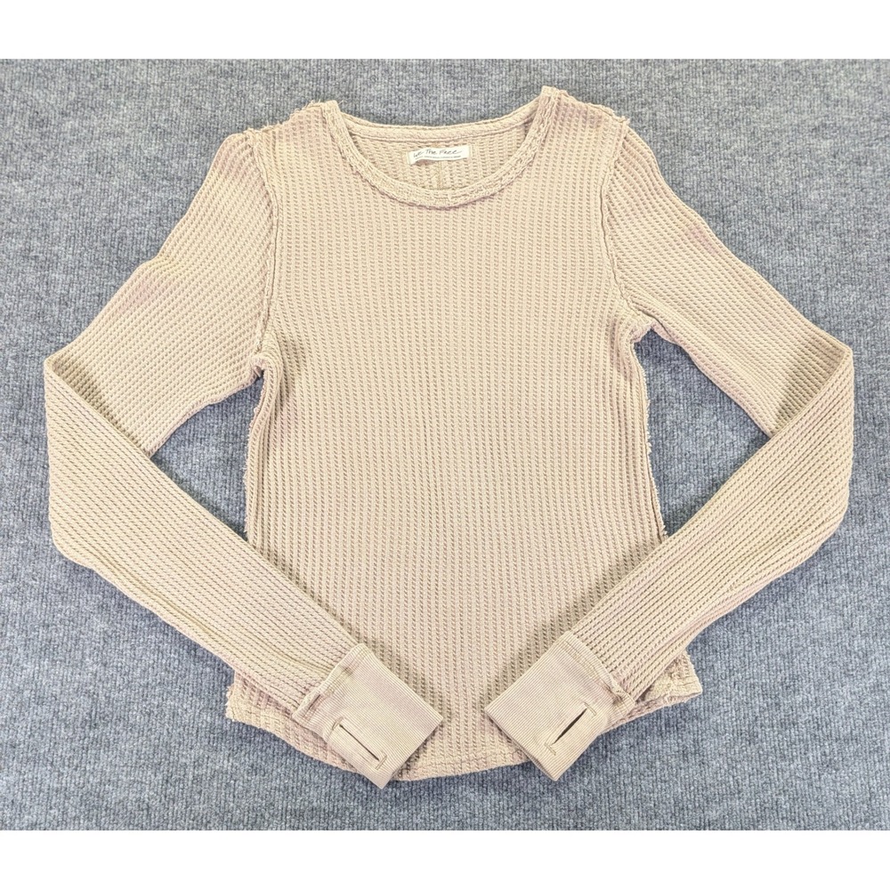 We The Free Tan Waffle Knit Cotton Thermal Long Sleeve Thumbhole Top Small